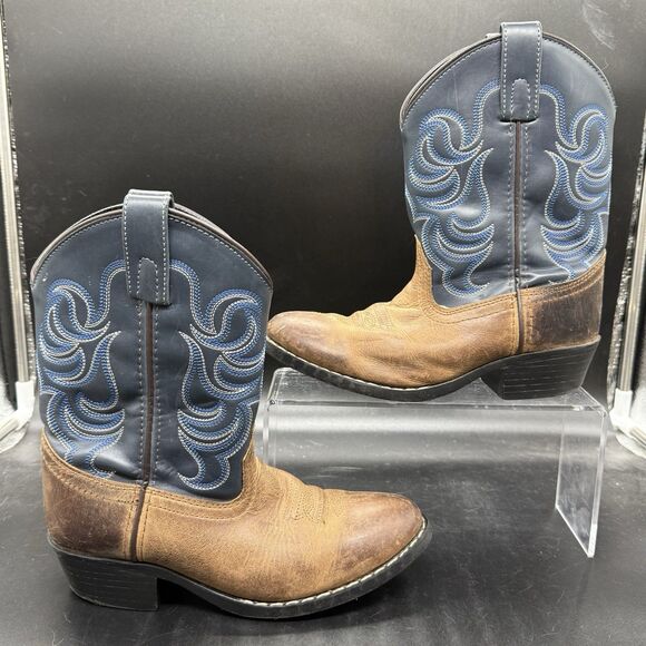 Cody James Boots Youth Size 3 D Brown Blue Cowboy Western 41477 Round Toe EUC - Picture 1 of 7